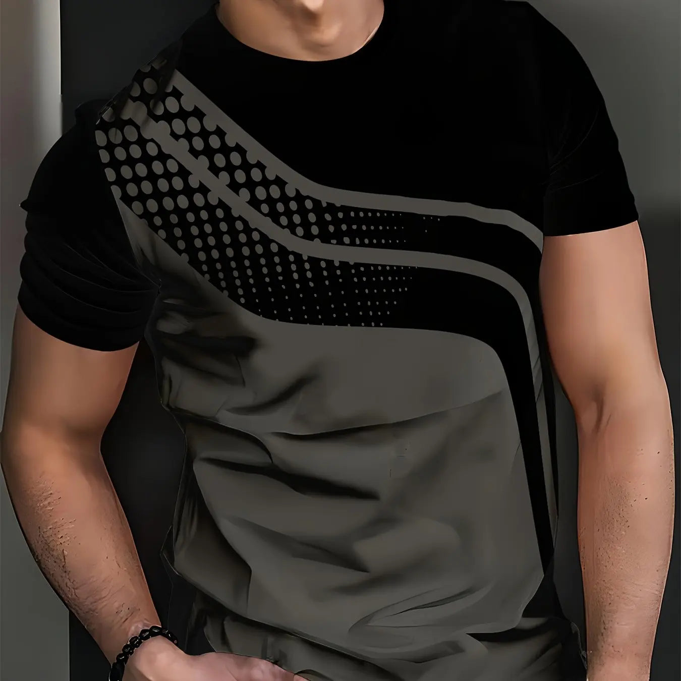 Breathable Polyester Short Sleeve Tee Men's Fashionable Digital Print Short Sleeve T-Shirt in Black & Gray Stripes - Breathable