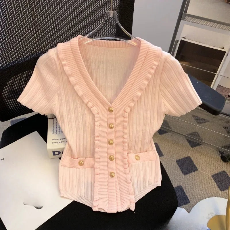Elegant Ruffle Knit V-Neck T-Shirt