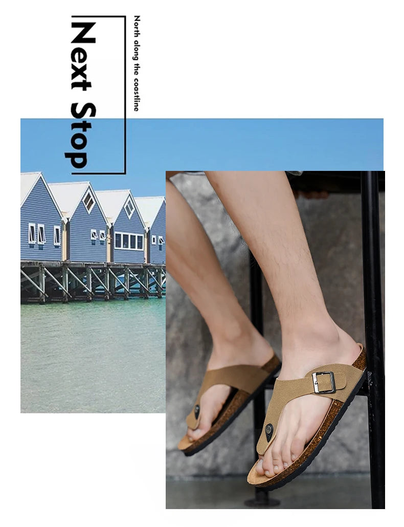 Men's frosted cork casual flip flops slippers comfortable refreshing summer outdoor beach shoes fashion youth breathable sandals
