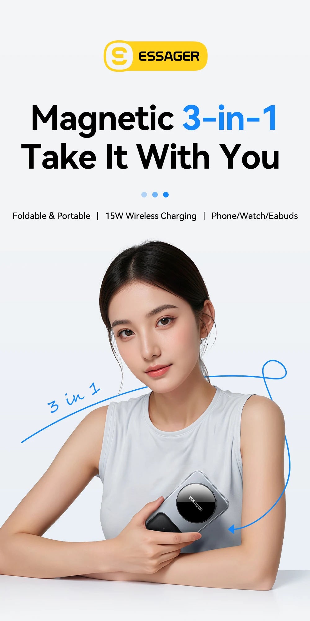 ESSAGER 15W 3-in-1 Magnetic Wireless Charging Station Foldable Charger Stand for iPhone AirPods Watch Phone Holder Fast Charger