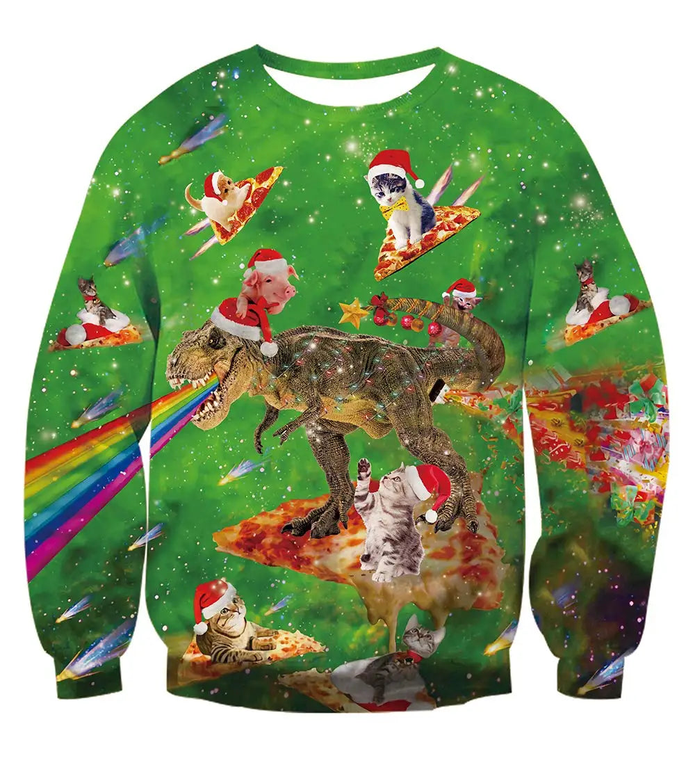 Men's Christmas Sweatshirt Festive Abstract Kitten Print Merry Christmas Crew Neck Pullover Party Casual Christmas Sweatshirt