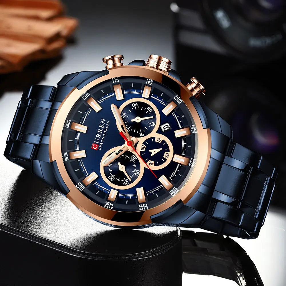 CURREN Men's Chronograph Watch 48mm Big Dial with Stainless Steel Band Triple Sub- Dials Luxury Quartz Sport Wristwatch