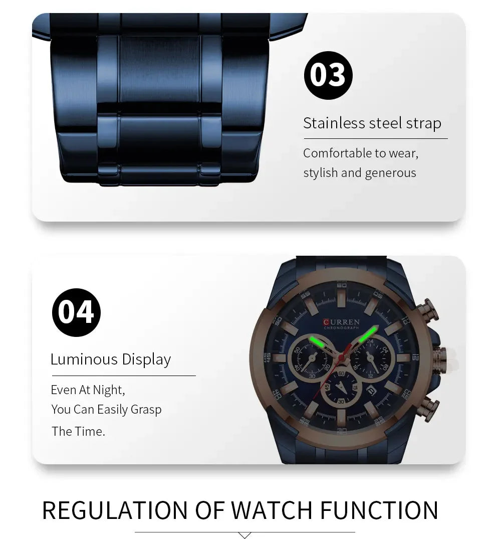 CURREN Men's Chronograph Watch 48mm Big Dial with Stainless Steel Band Triple Sub- Dials Luxury Quartz Sport Wristwatch