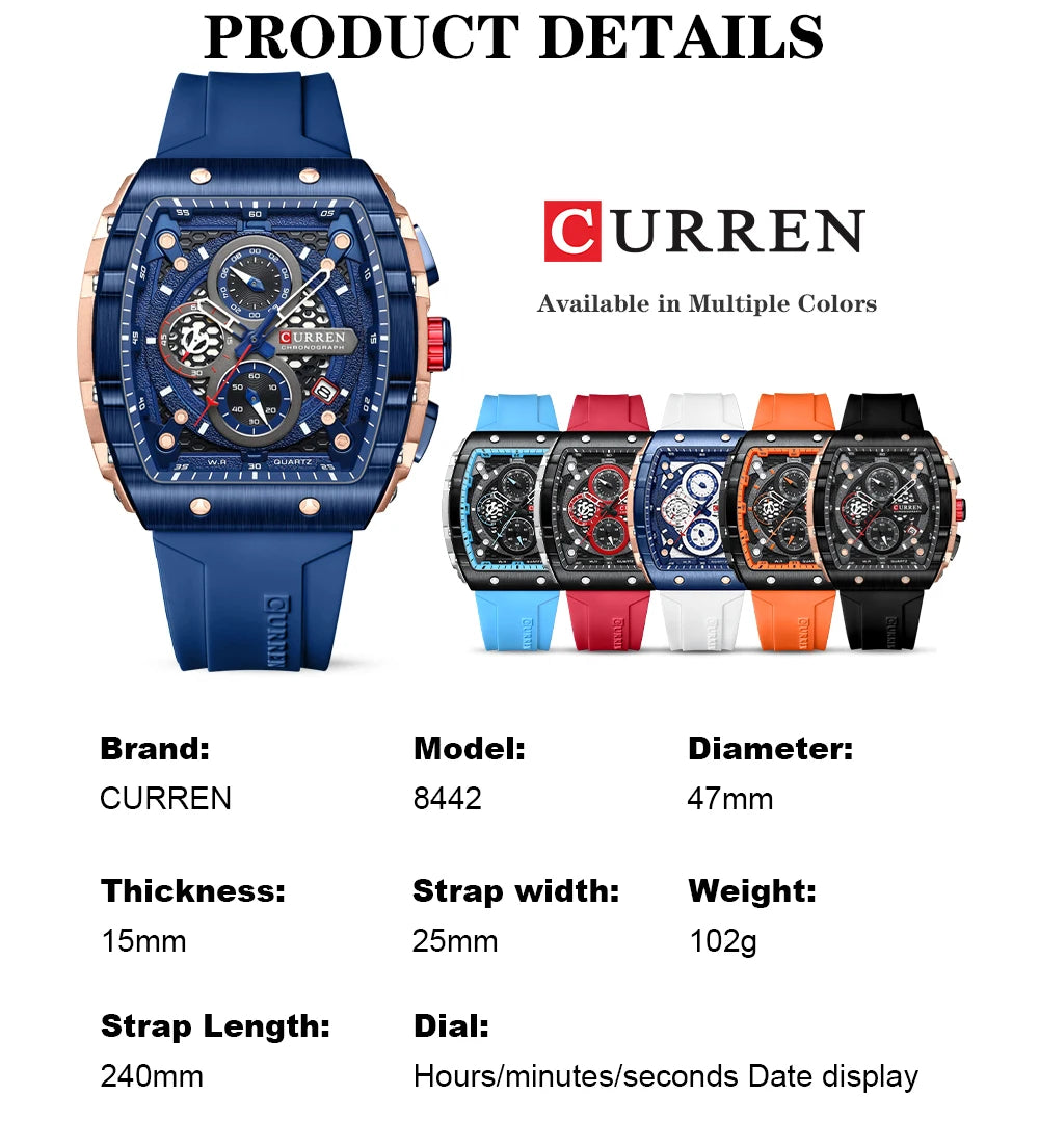 CURREN Fashion Sports Watches with Large Dial Unique RectangularHollow Design Quartz Wristwatches with Chrongraph Auto Date 8442