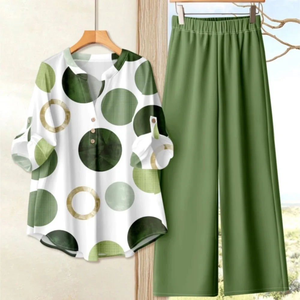 Chic Printed Short Sleeve Co-Ord Set – Women’s O-Neck Top & Wide Leg Pants Outfit