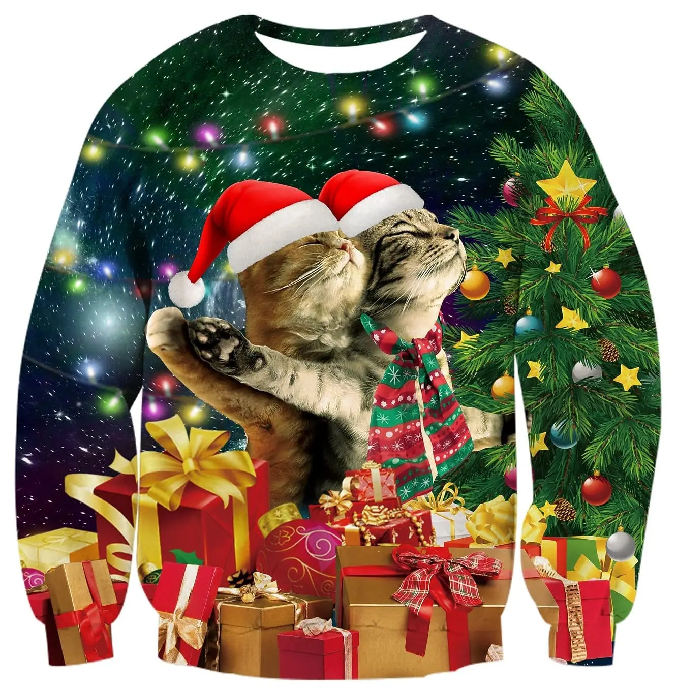 Men's Christmas Sweatshirt Festive Abstract Kitten Print Merry Christmas Crew Neck Pullover Party Casual Christmas Sweatshirt