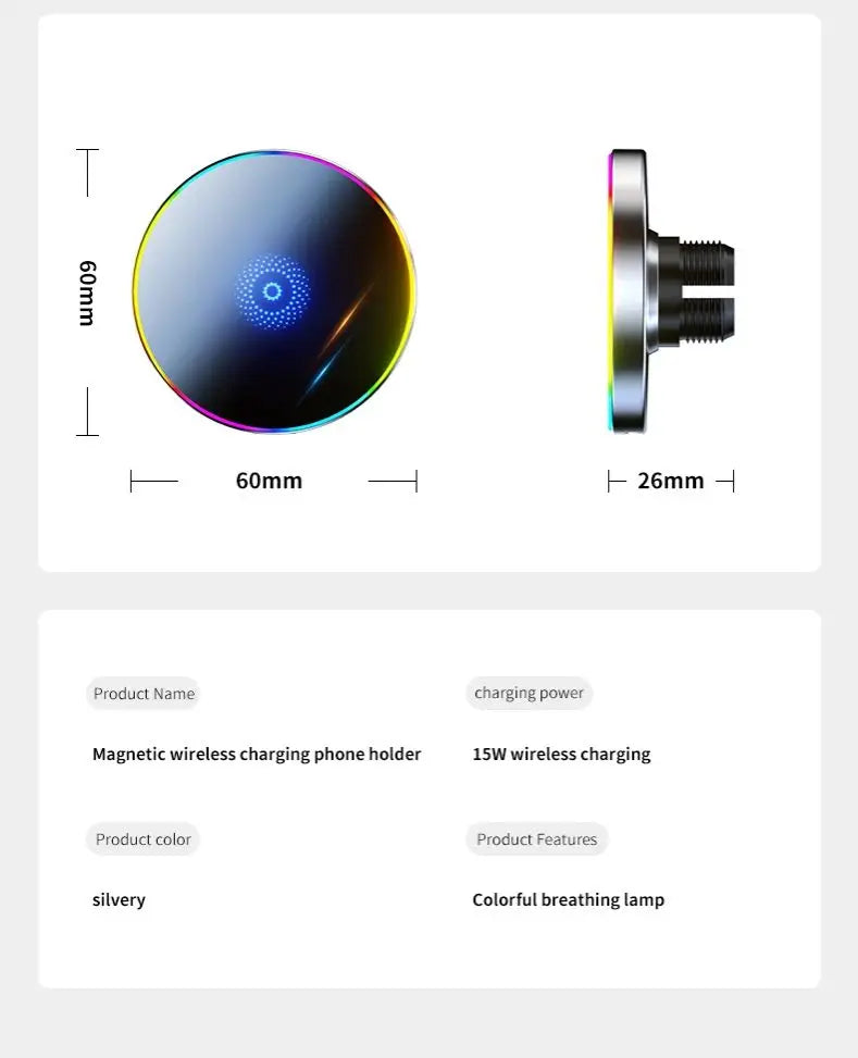 15W Magnetic Phone Holder Magnetic Wireless Car Charger Car Magnetic Mount RGB LED Lights Magsafe Charger Base Accessories Phone