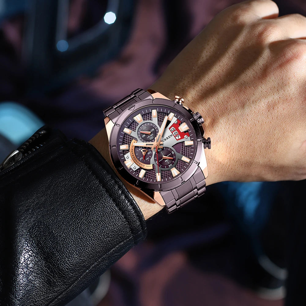 CURREN Sports Big Dial Men's Chronograph Watch with Matte Stainless Steel Band Luminous Hands Casual Quartz Wristwatch 8401