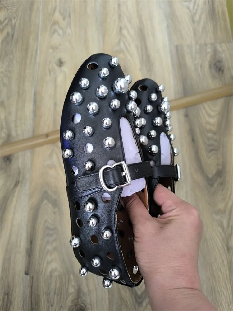 Luxury Black Pearl Round Head Buckle Ballet Sandals Summer Autumn Metal Hollow Commuting Casual Mary Jane Single Shoe Size 45