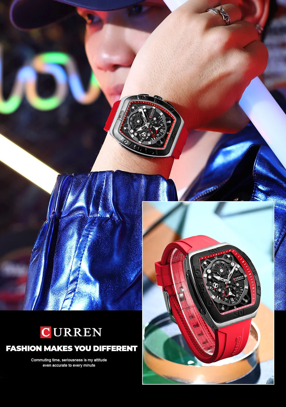 CURREN Men's Chronograph Watch Tonneau Case Design with Sport Silicone Strap Red and Black Quartz Wristwatches for Men