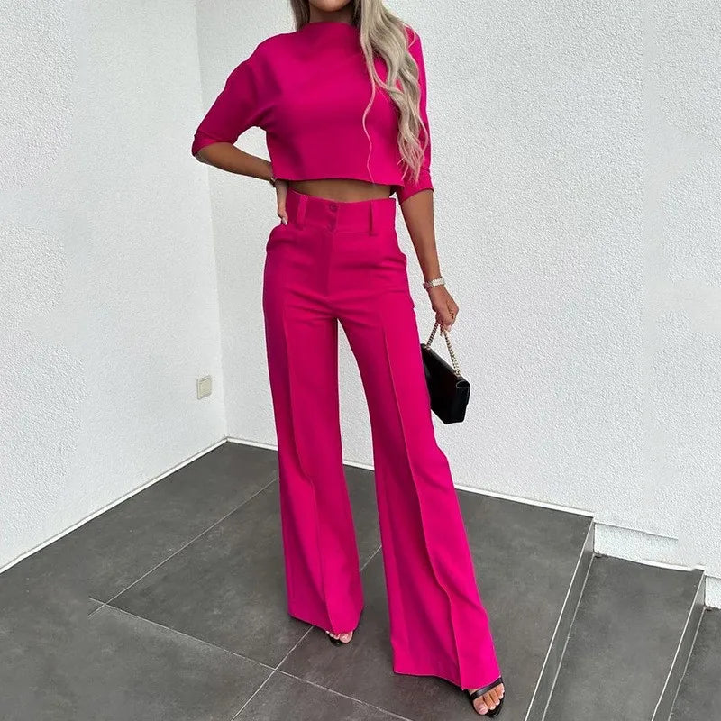 Modern Relaxed Two-Piece Suit – Casual Loose Fit O-Neck Top & Wide Leg Pants Set