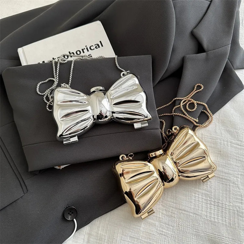 Luxury Mini Acrylic Bow Clutch – Metal Frame Crossbody Bag with European Chain Strap
