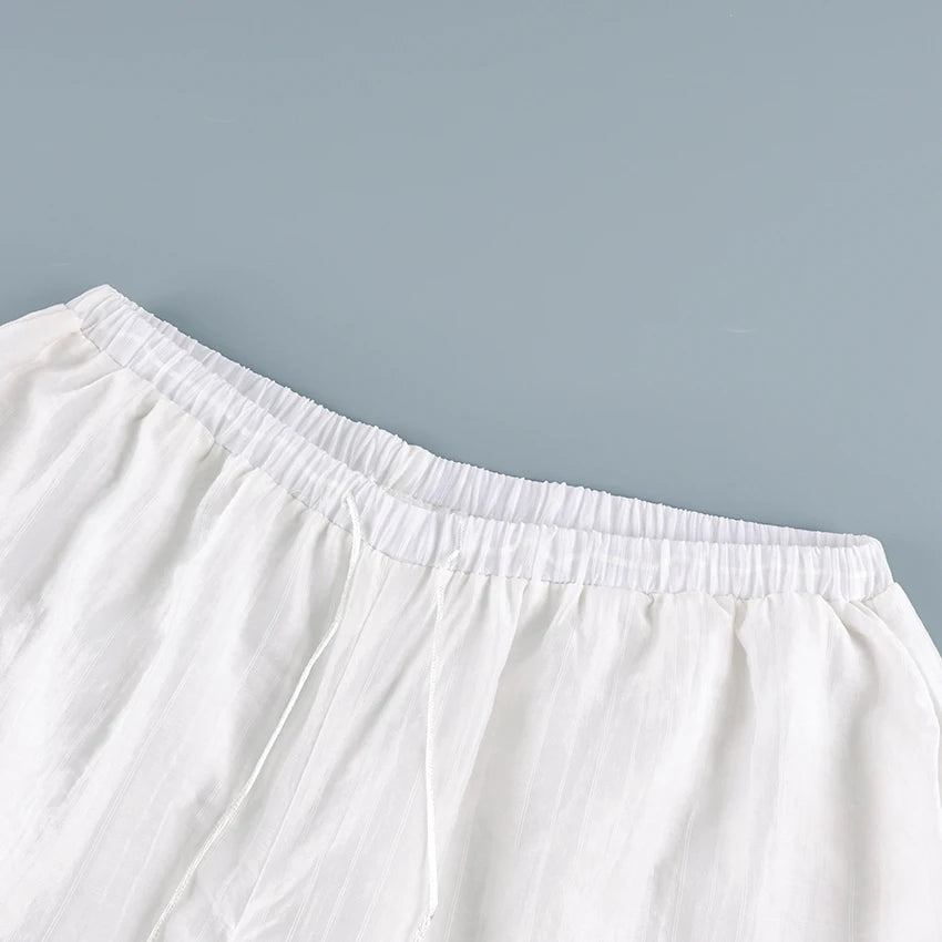 Linad Street Loose White Bloomers Pants Women Summer Elastic Waist Trousers Fashion Lace Up See Through Pants Female 2025 Sexy
