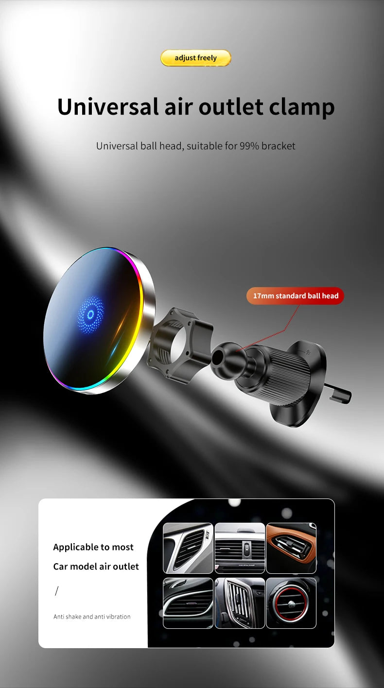 15W Magnetic Phone Holder Magnetic Wireless Car Charger Car Magnetic Mount RGB LED Lights Magsafe Charger Base Accessories Phone