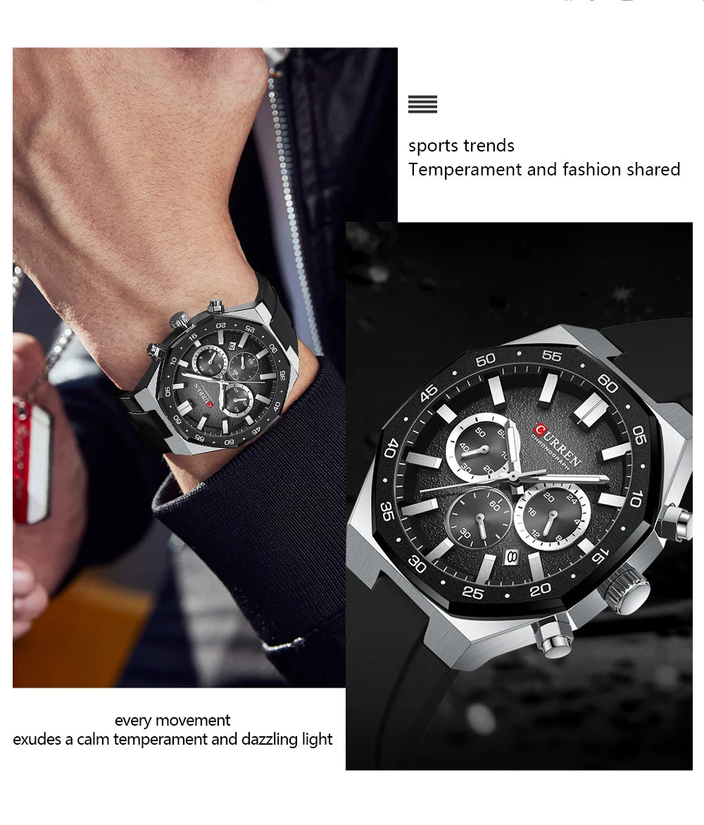 CURREN Fashion Casual Men Sports Watch Chronograph Silicone Belt Auto Date Dial Quartz Wristwatch Male Reloj Relogio Masculino