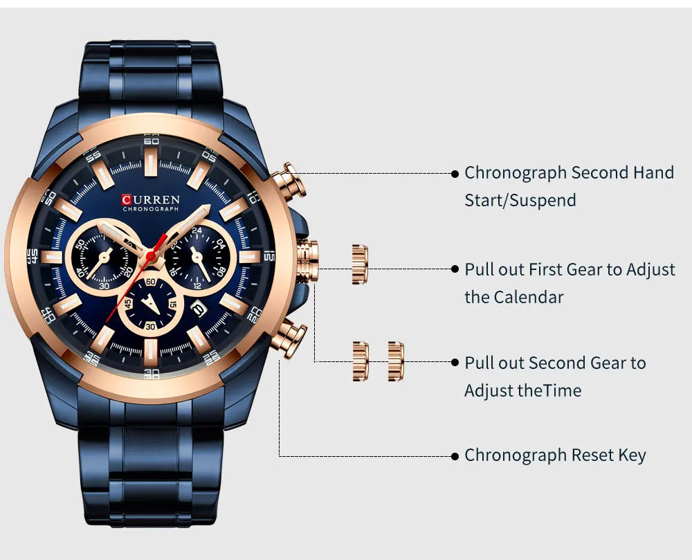 CURREN Men's Chronograph Watch 48mm Big Dial with Stainless Steel Band Triple Sub- Dials Luxury Quartz Sport Wristwatch
