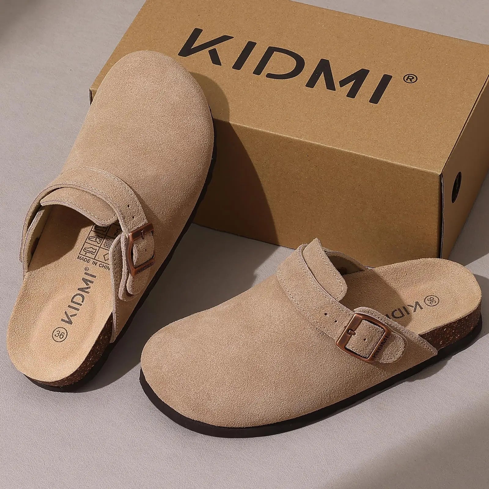Litfun Suede Women's Clogs with Adjustable Strap Cork Footbed Leather Mules with Arch Support Unisex Outdoor Clogs Potato Shoes