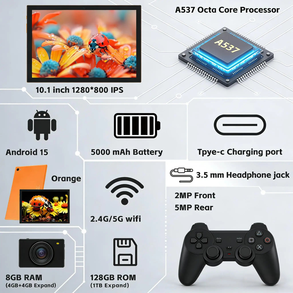 Paitanry 10.1 Tablet Android 15 8GB(4+4GB Expand) RAM 128GB ROM 5000mAh 1280x800 IPS HD Octa Core Dual Speaker WiFi Bluetooth SD