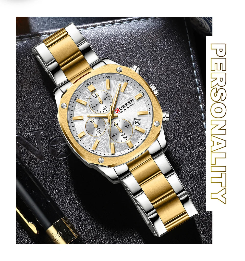 CURREN Modern Men's 42mm Sport Watch - Stainless Steel Band Chronograph & Date,Glow-in-the-Dark Hands, Casual Quartz Wristwatch