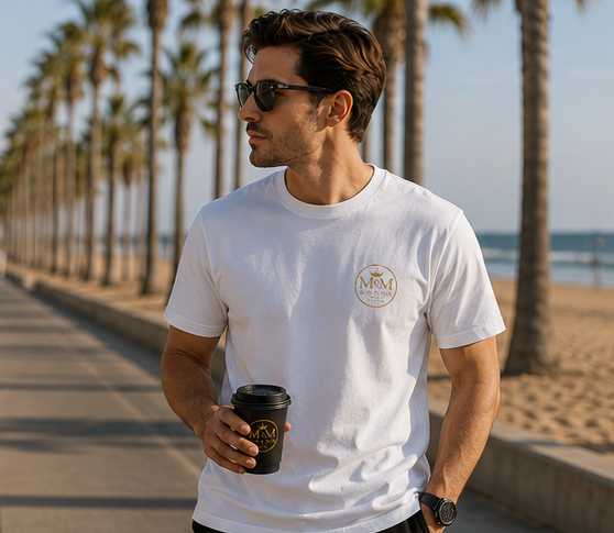 M&M Club Vintage Logo T‑Shirt — Minimal Gold Crest Cotton Tee