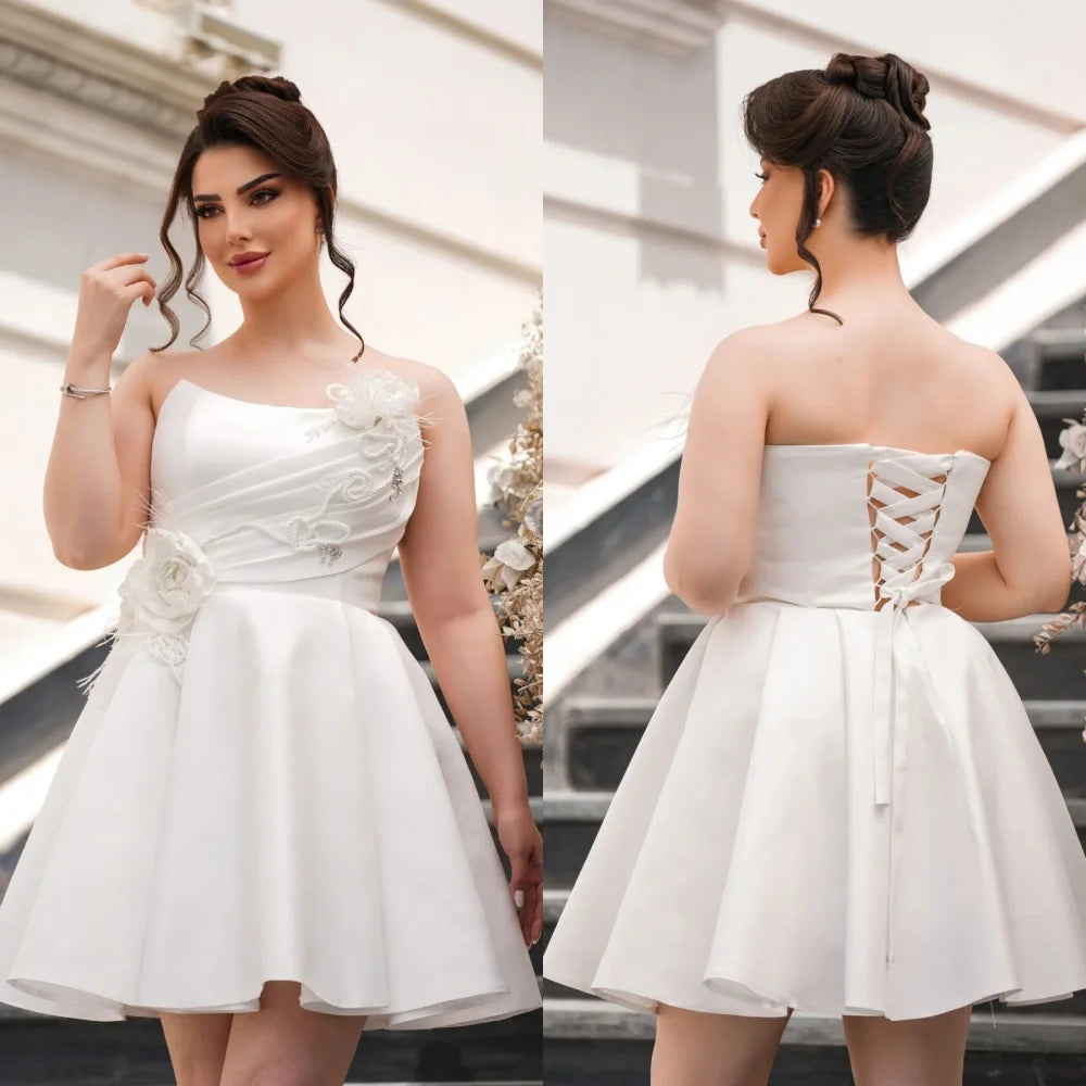 Customized High Quality Classic Handmade Flower Feather A-line Strapless Mini Dresses Bespoke Occasion Dresses Sizes Available
