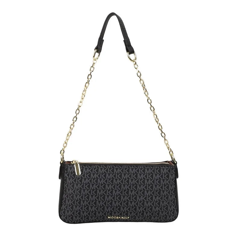 Sleek Monogram Print Handbag, Timeless Chain Strap Design with Clean, Modern Lines Polished Patterned Shoulder Bag