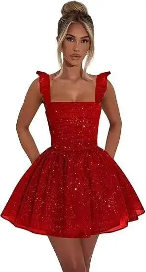 Sexy Tulle Homecoming Dress 2026 with Flutter Straps Square Neck A-Line Short Prom Dress Sparkly for Teens Graduation Mini Dress