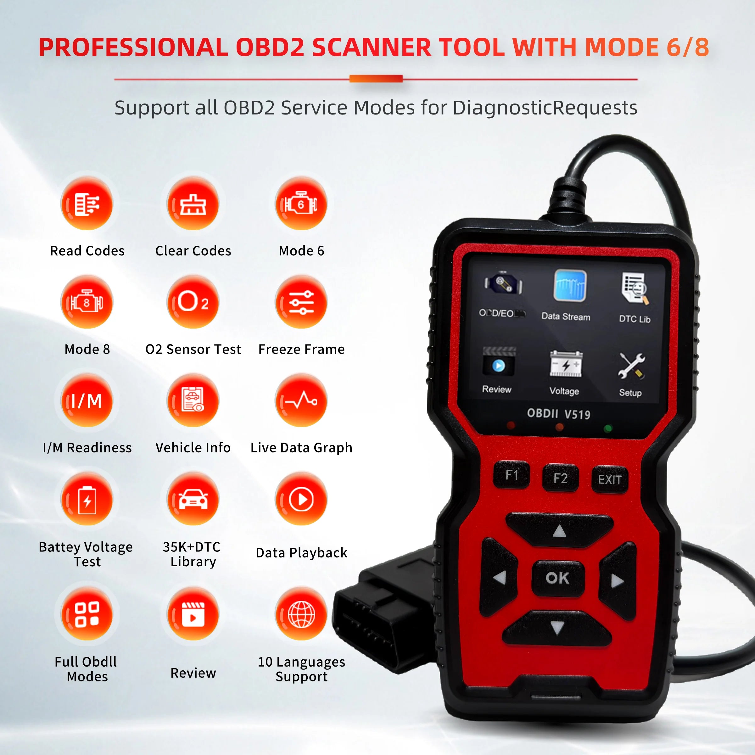 V519 Red Car Diagnostic Scanner Tool Automotive OBD2 Scanner for Engine Health Check with Color Screen