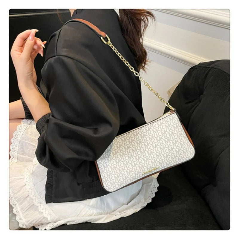 Sleek Monogram Print Handbag, Timeless Chain Strap Design with Clean, Modern Lines Polished Patterned Shoulder Bag