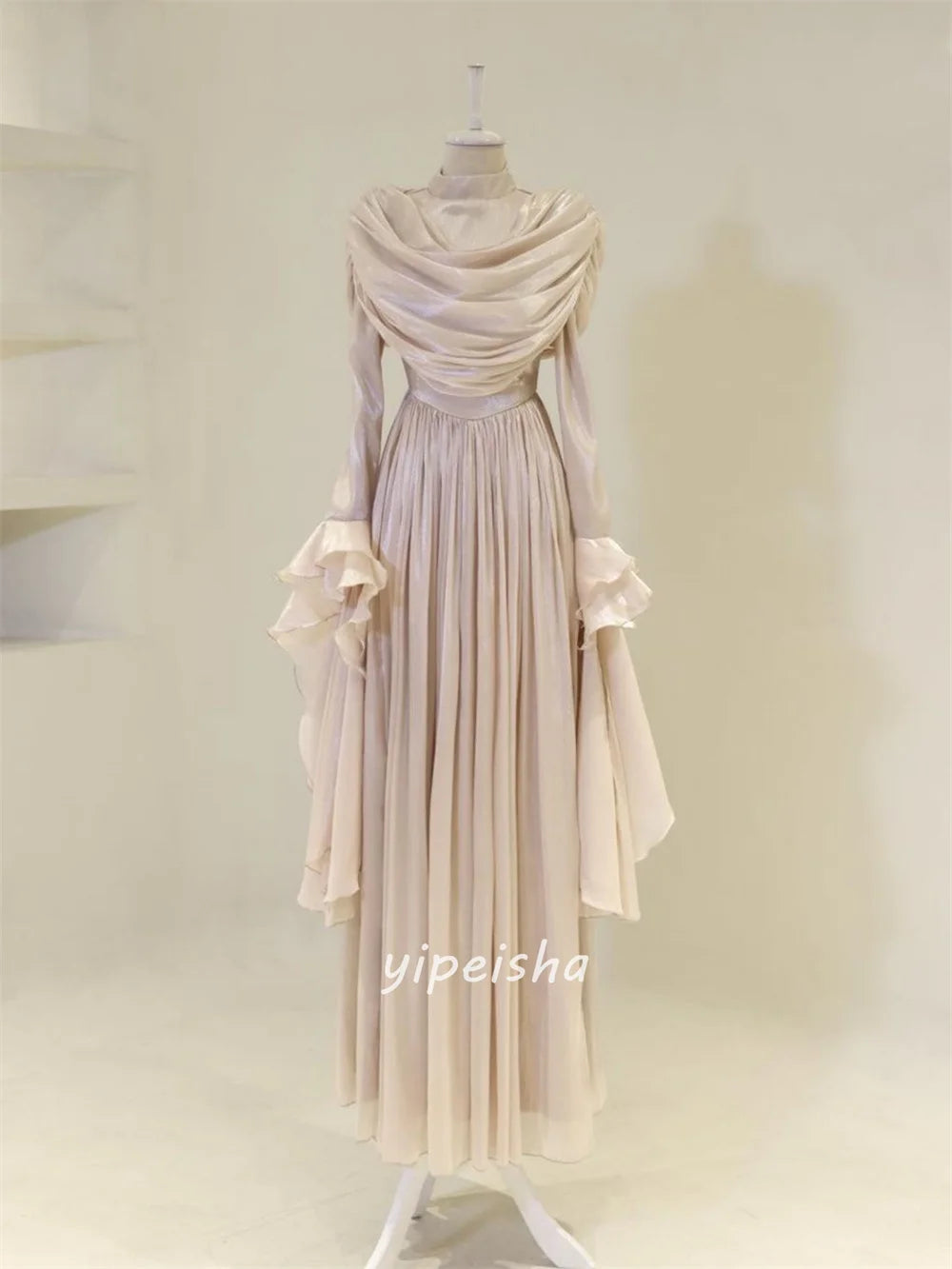 Customized High Quality Fashion Chiffon Ruched Pleat Straight High Collar Long Dresses Bespoke Occasion Dresses Matching Formal