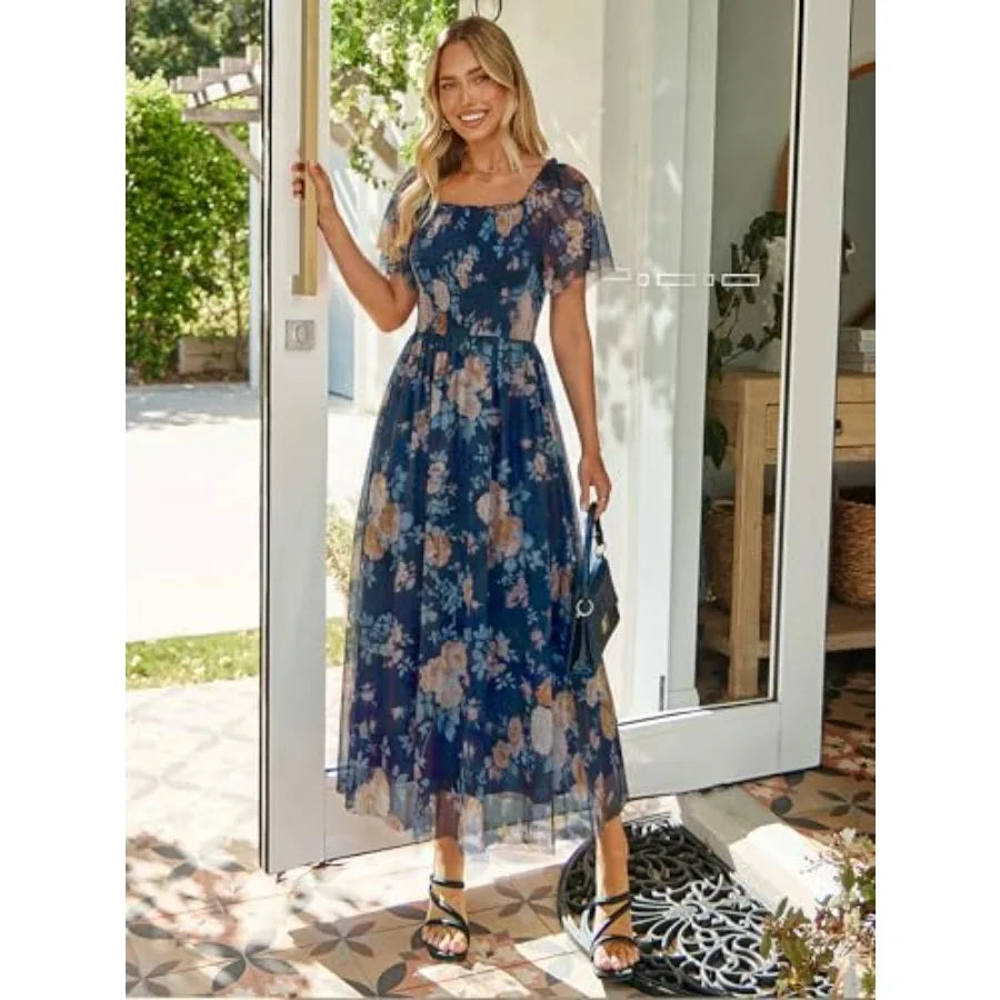 Simplee Womens Floral Maxi Dresses 2026 Summer Square Neck Mesh Short Sleeve Smocked Boho Flowy Wedding Guest Dress