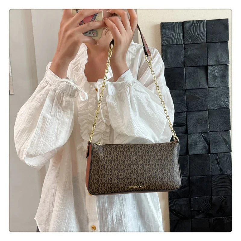 Sleek Monogram Print Handbag, Timeless Chain Strap Design with Clean, Modern Lines Polished Patterned Shoulder Bag