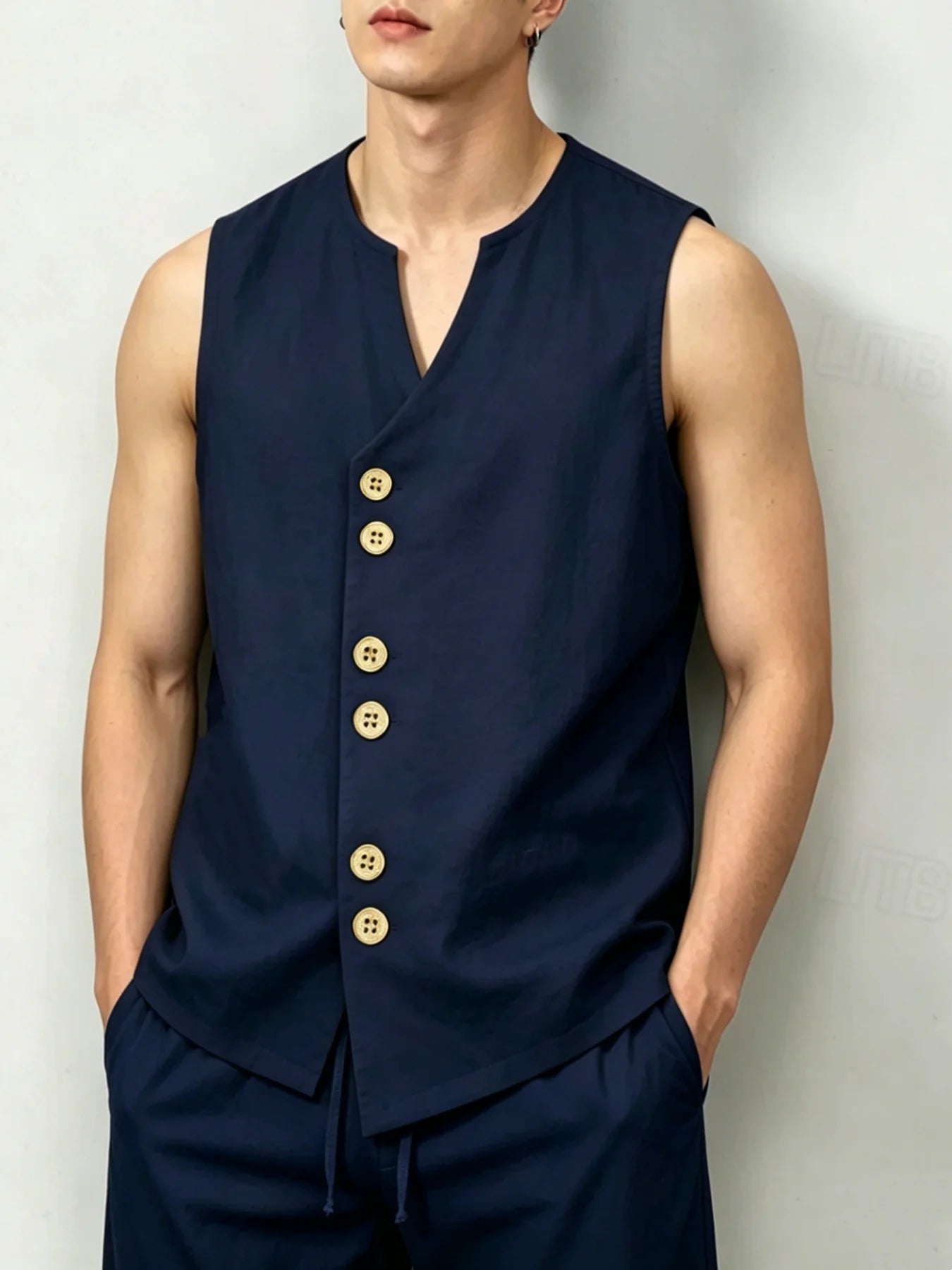 Men's Linen-Look V-Neck Button Sleeveless Top & Drawstring Shorts 2-Piece Set, Breathable Casual Summer Vacation Outfit