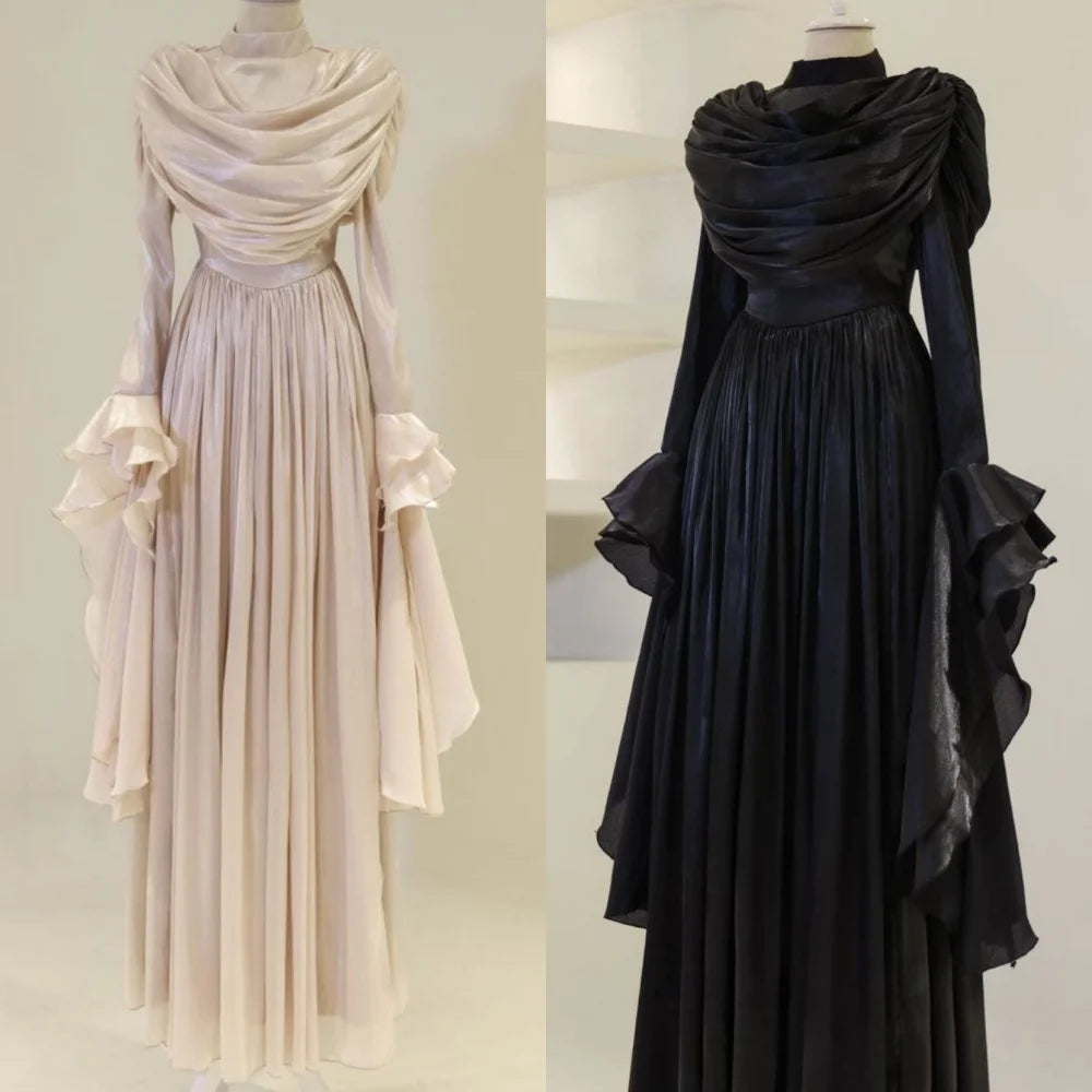 Customized High Quality Fashion Chiffon Ruched Pleat Straight High Collar Long Dresses Bespoke Occasion Dresses Matching Formal
