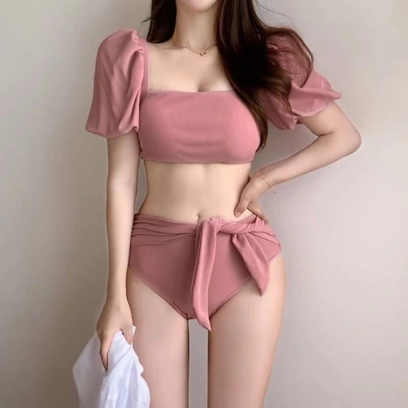 2026 New Women's Pink Bubble Sleeve Bikini Set High Waist Tie Bow Swimsuit Two Piece Bathing Suit Summer Beachwear