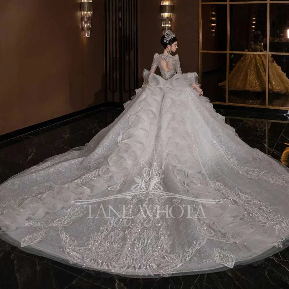 Luxury V Neck Wedding Dress Long Sleeves Lace Up Keyhole Back Embroidered Sequined Beading Customizable Encaje Vestido De Novia
