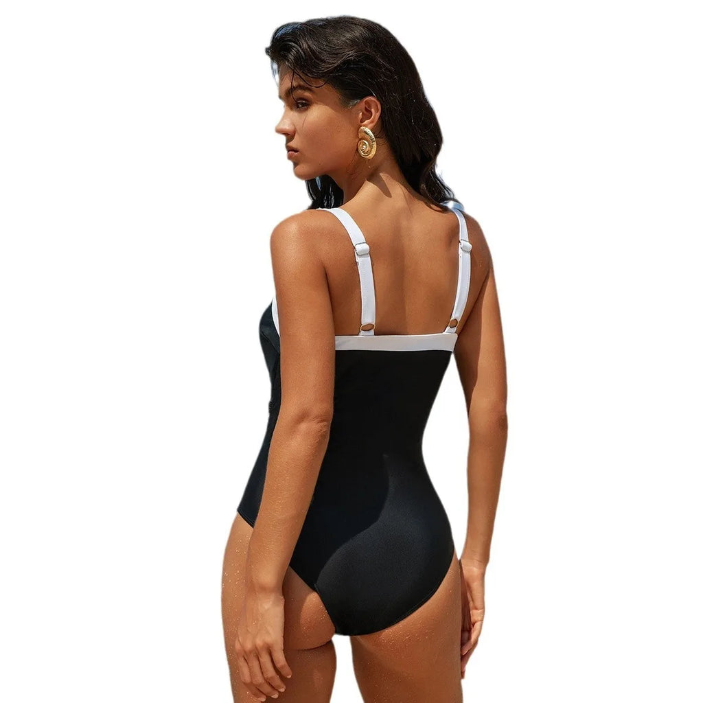 Swimwear Woman One Piece Swimsuit Sleeveless V Neckline Ruched Waist Thin Straps High Cut Legs Black Red Women's Bathing Suit