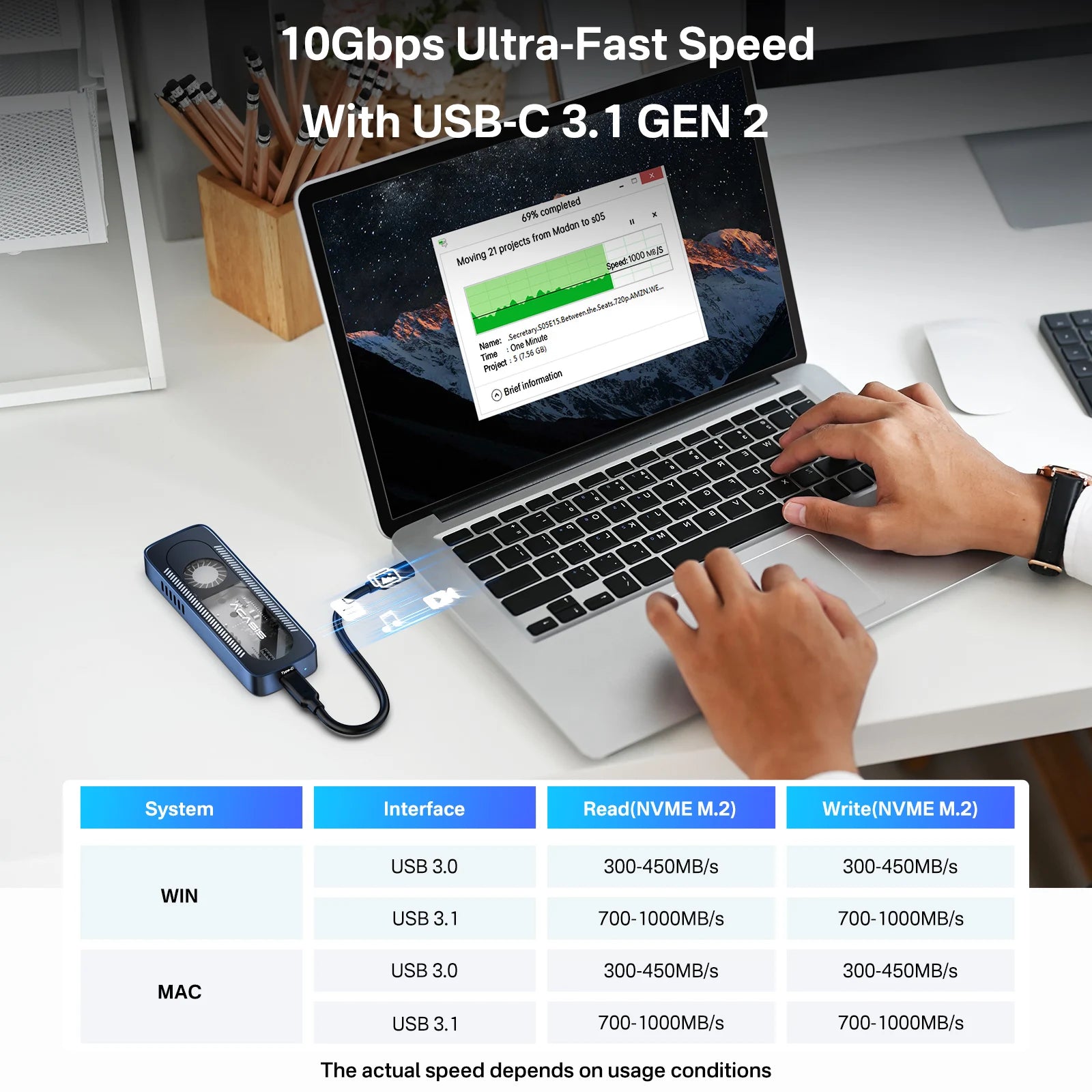 ACASIS 10Gbps USB-C 3.1 M.2 NVMe SSD Enclosure Case For 2280/60/42/30 Small Size Built In Fan Version Case For iPhone 12/Mac