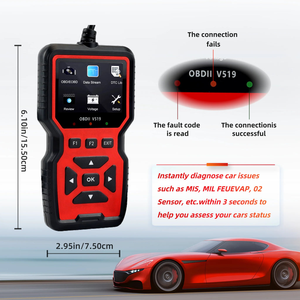 V519 Red Car Diagnostic Scanner Tool Automotive OBD2 Scanner for Engine Health Check with Color Screen