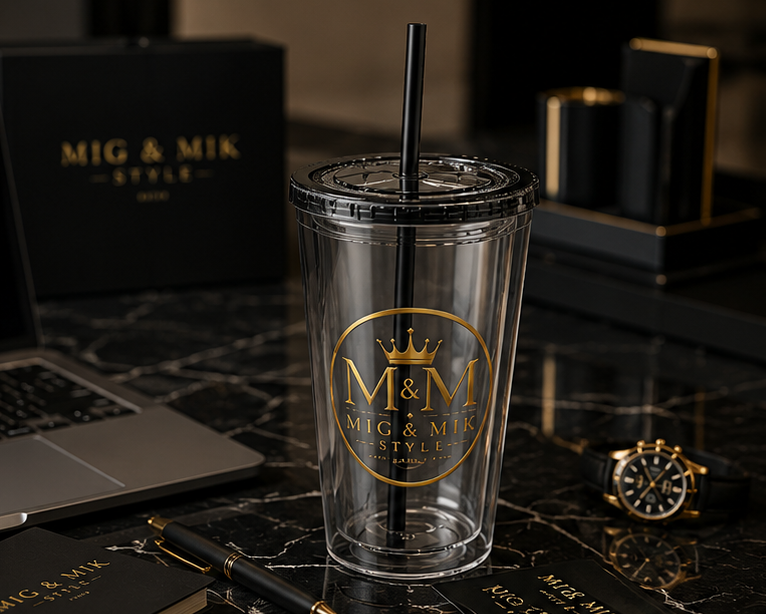 16oz Clear Tumbler with Straw — Gold Monogram 'MM' Crown Logo