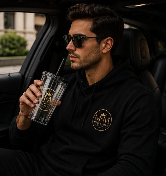 16oz Clear Tumbler with Straw — Gold Monogram 'MM' Crown Logo