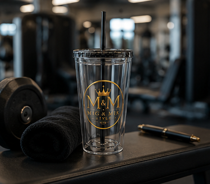 16oz Clear Tumbler with Straw — Gold Monogram 'MM' Crown Logo