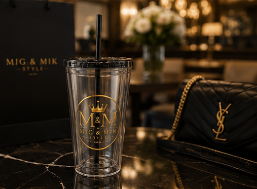 16oz Clear Tumbler with Straw — Gold Monogram 'MM' Crown Logo