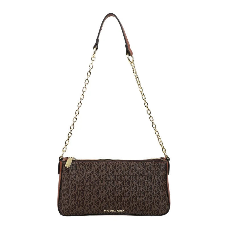Sleek Monogram Print Handbag, Timeless Chain Strap Design with Clean, Modern Lines Polished Patterned Shoulder Bag