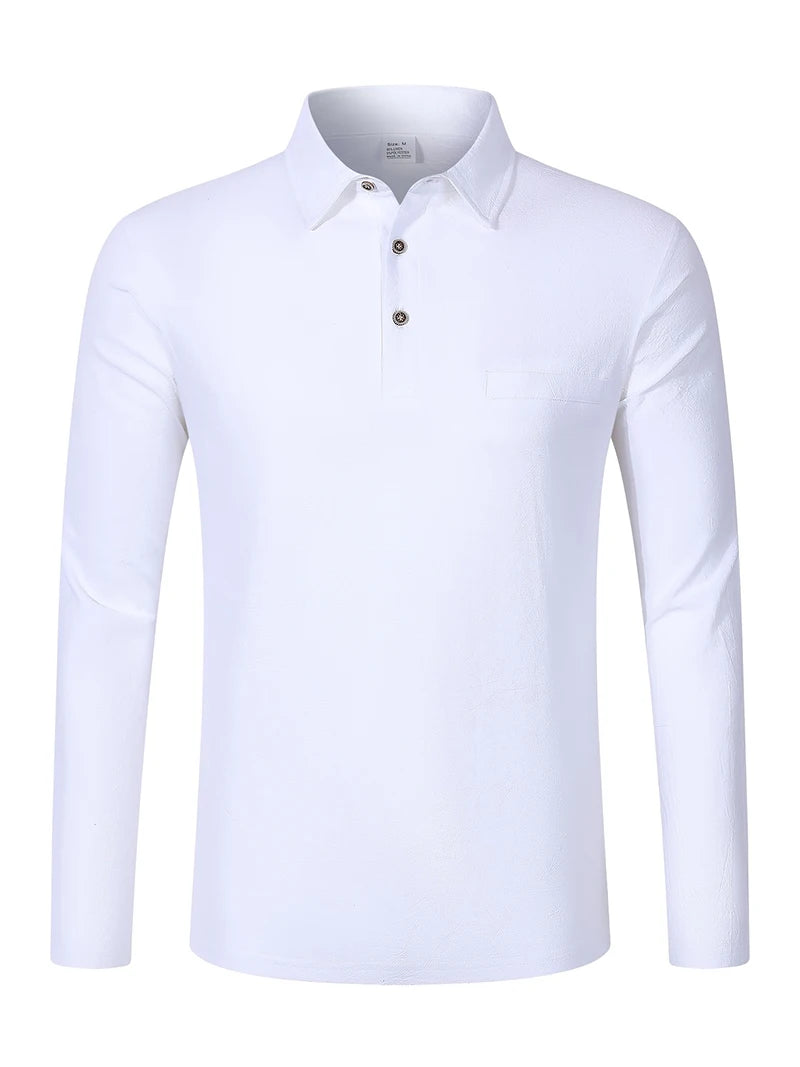Men's Linen Blend Long Sleeve Polo Shirt with Chest Patch Breathable Lapel Collar Button Placket Casual Tops for Spring Fall