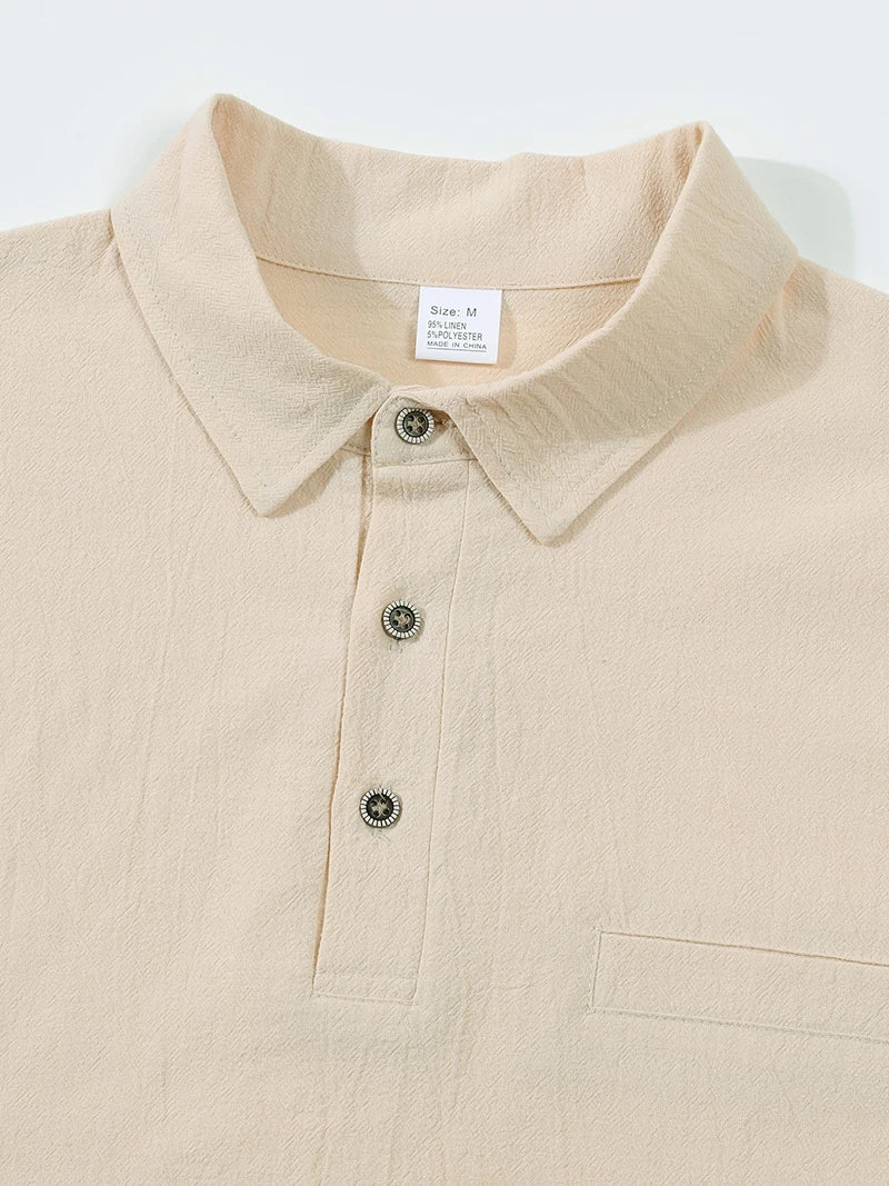 Men's Linen Blend Long Sleeve Polo Shirt with Chest Patch Breathable Lapel Collar Button Placket Casual Tops for Spring Fall