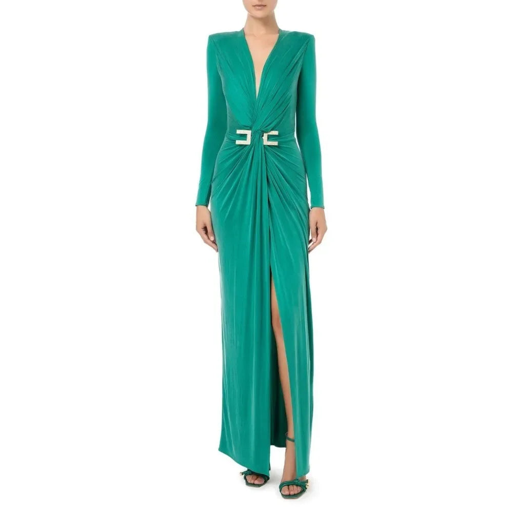 customized V Neck Women Evening Dresses 2025 Party Dresses With Slit Sheath Pleated Floor Length Prom Dresses robes de soirée فس