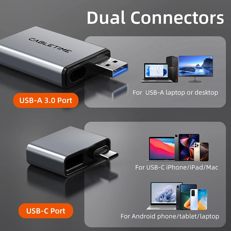 CABLETIME 3 IN 1 Card Reader USB 4.0 5Gbps USB A & USB C 312MB/s Aluminum Alloy SD/TF Cards Portable for iPhone iPad