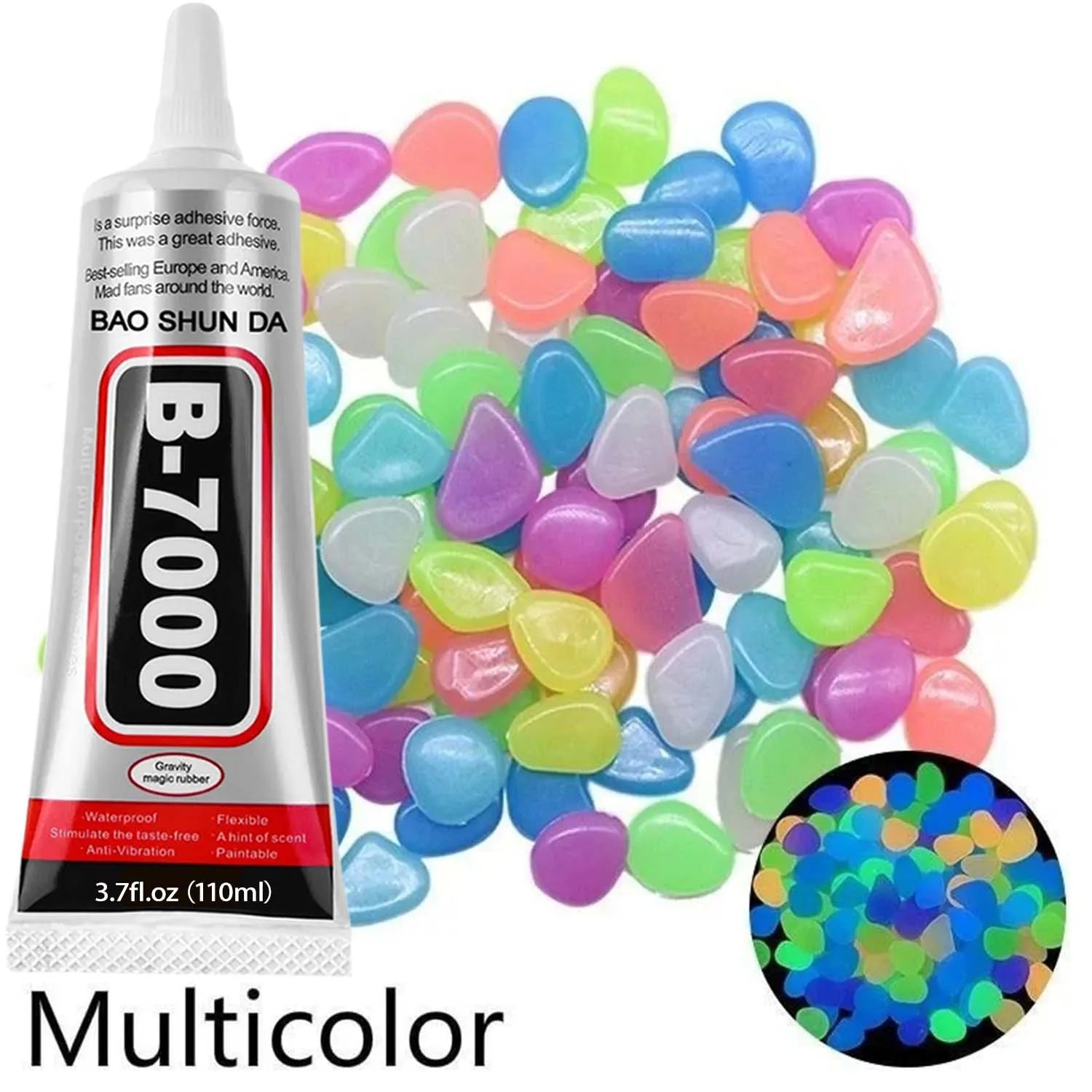 200PCS Luminous stone garden fish tank landscape glow-in-the-dark stone decoration artificial fluorescent color pebbles,Glue Kit