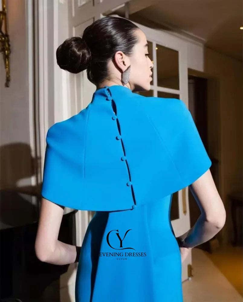 CUYUN Customized Blue Evening Jersey Draped Button Birthday A-line High Collar Bespoke Occasion Gown Long Dresses